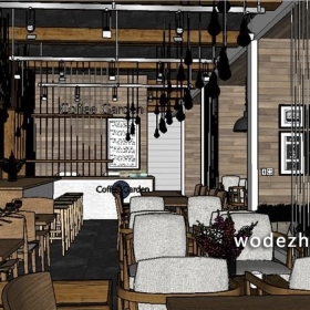sketchup室内设计案例SU模型现代北欧民宿生态咖啡厅草图大师X258